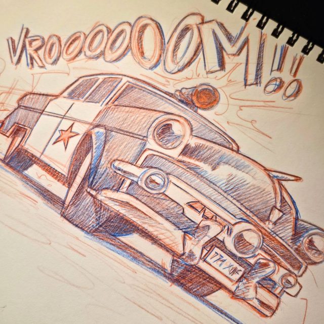 Saw this little beauty at the weekend  and had a bit of time to bash out a sketch.

After some detective work I understand it's called Barney.

#v8 #fordcrestline #classiccars  #sketchbook #doodle